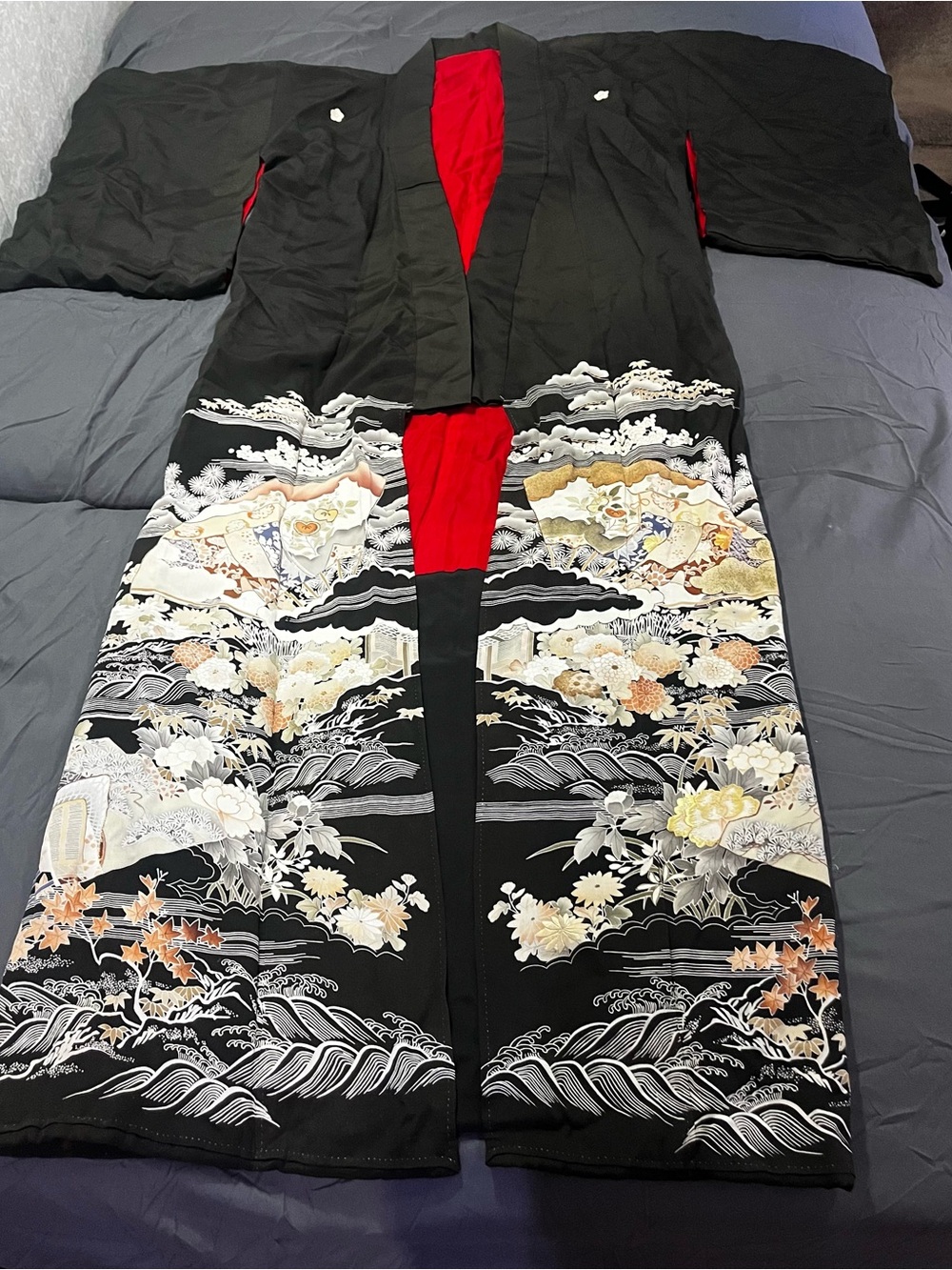 Black Kimono Jacket with Red Lining  Landscape Motif- Traditional Style